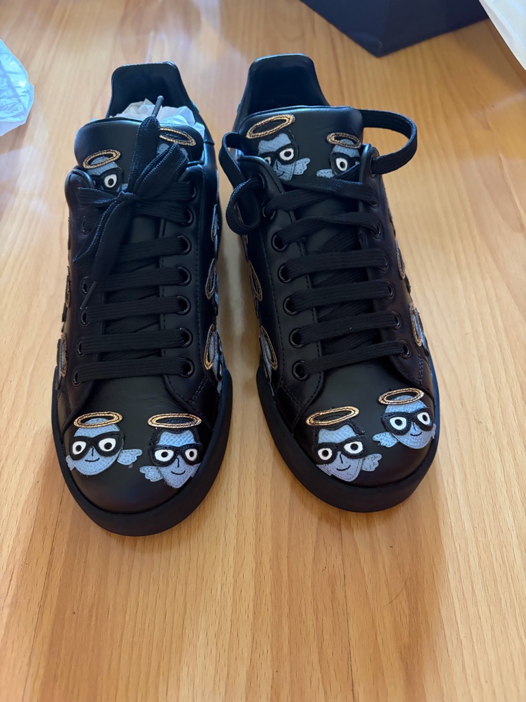 Dolce & Gabbana Black Leather Sneakers With Embroidered Angel Faces